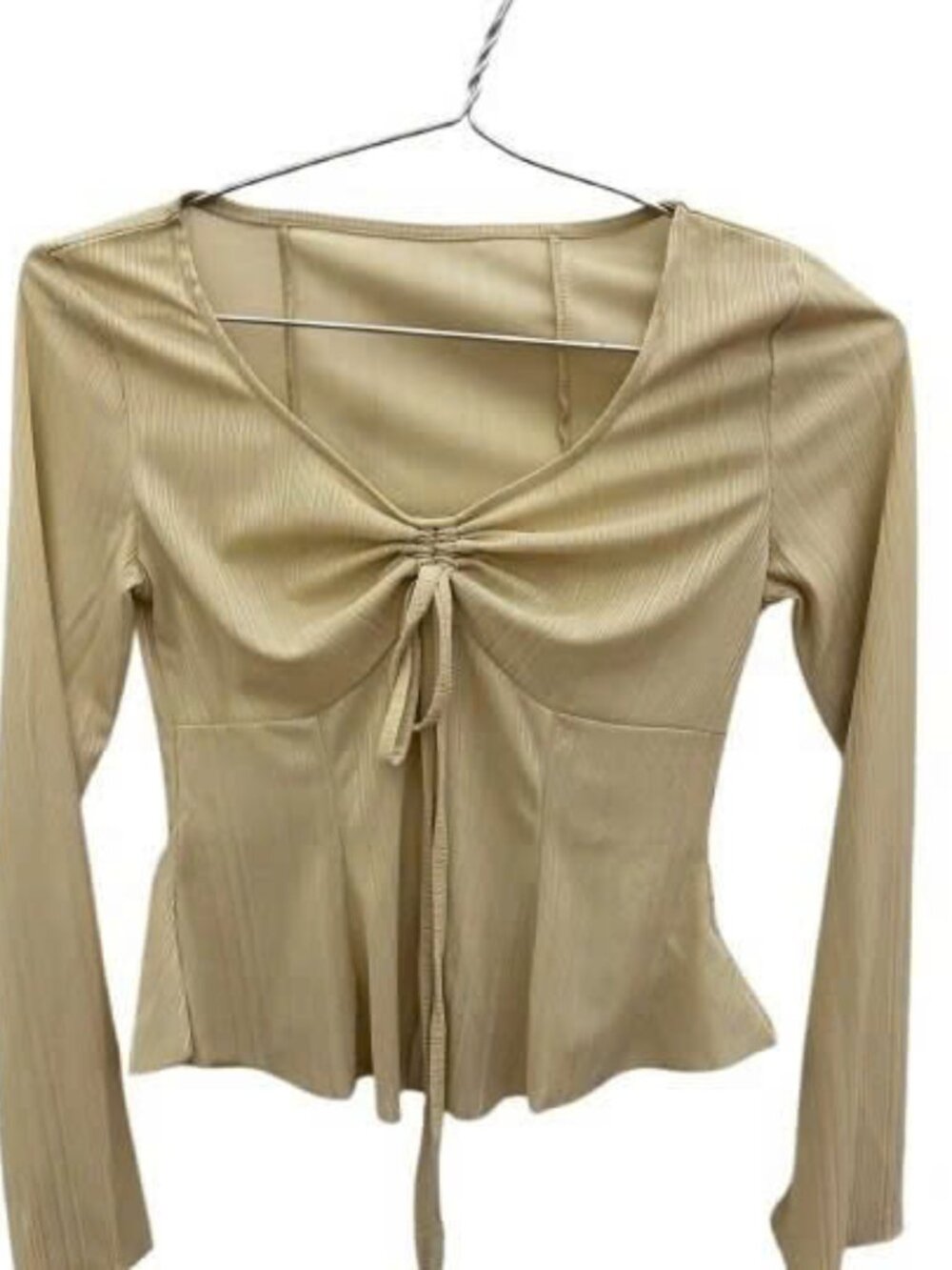 Chic Beige Ribbed Long Sleeve Top with Ruched Tie Front